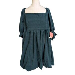 Arula Dress Womens Sz C 3X Hunter Green Square Neck Babydoll Smocked Captivating